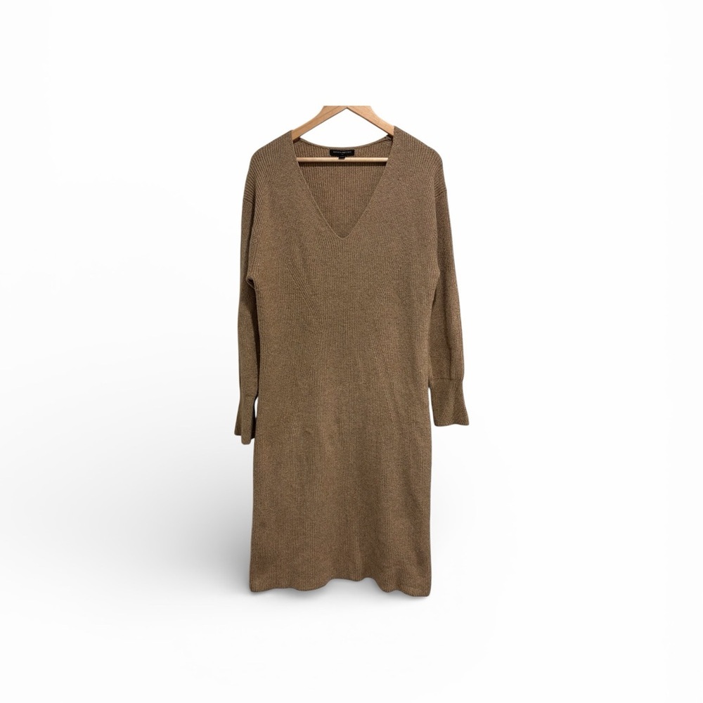 Banana Republic Tan Long Sleeve V-Neck Sweater Dress Cotton Blend Ribbed Midi